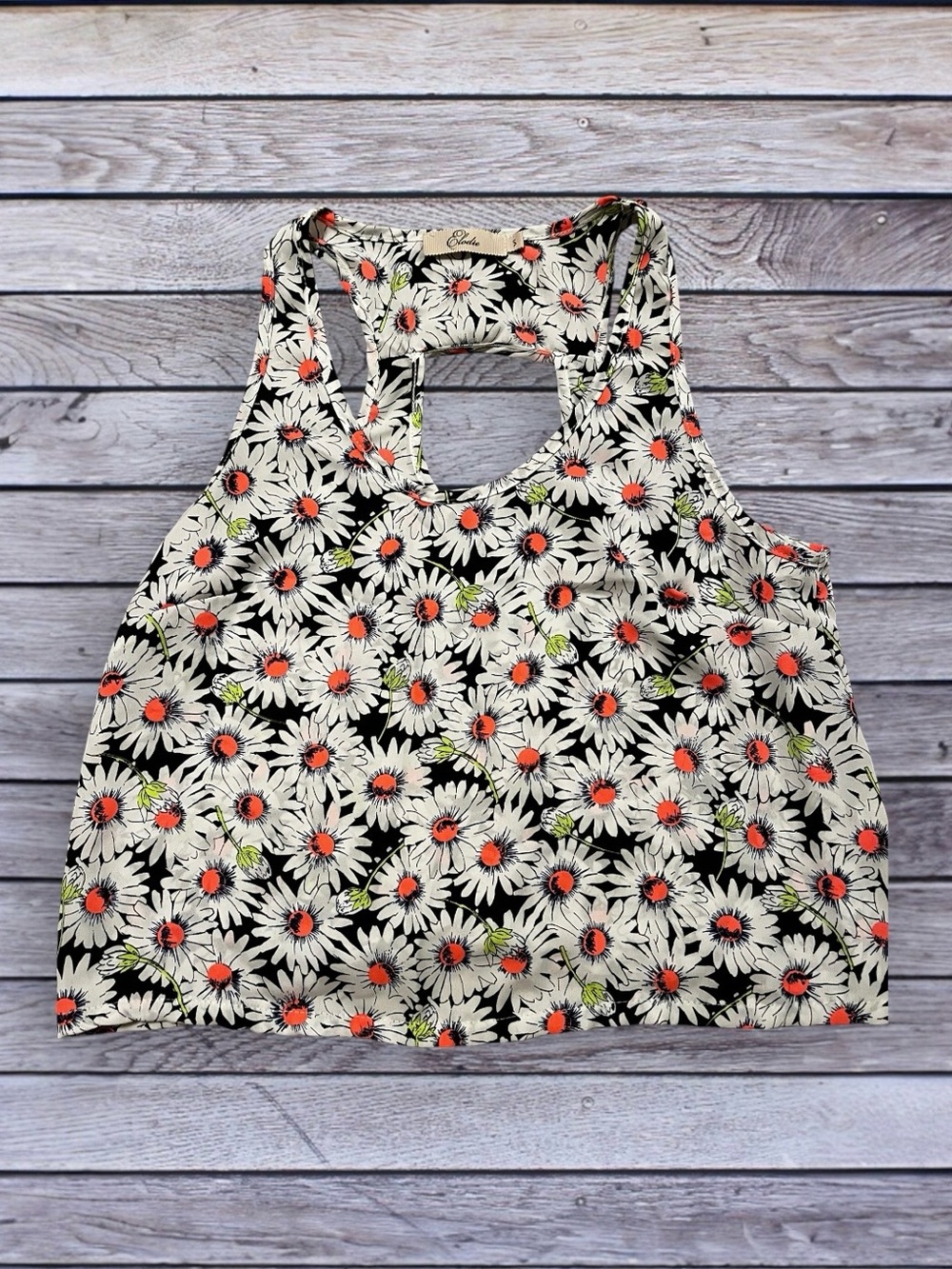 Elodie Floral Daisy Racerback Crop Tank Top - Black/White/Orange - S